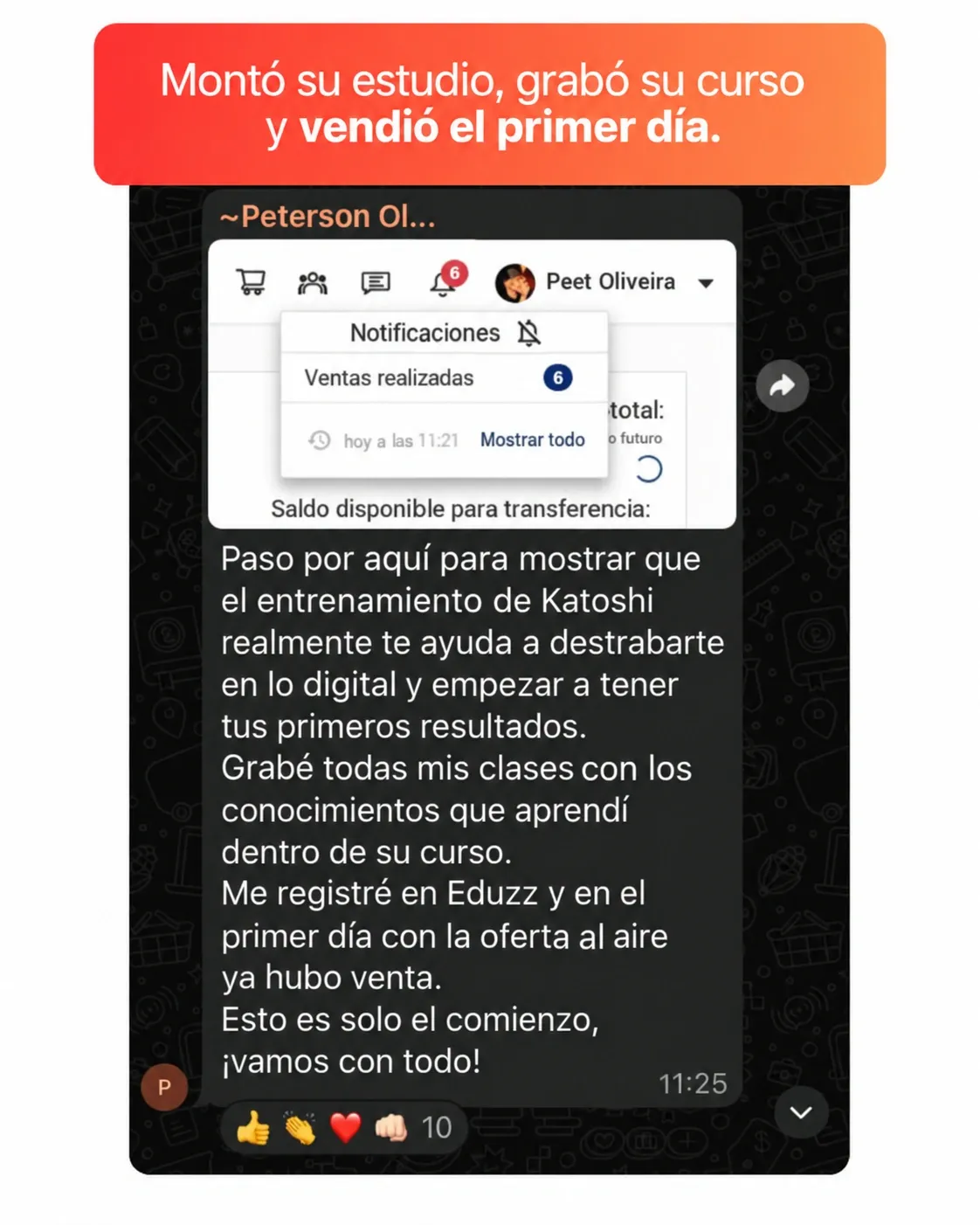 Testimonio del alumno Peterson, que armó su estudio y vendió el primer día